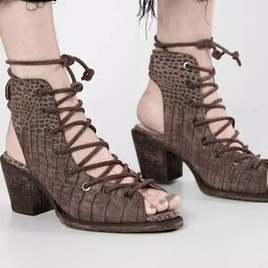 Miss Macie Taupe Goodness Gracious Leather Lace up Granny Bootie Sandals
